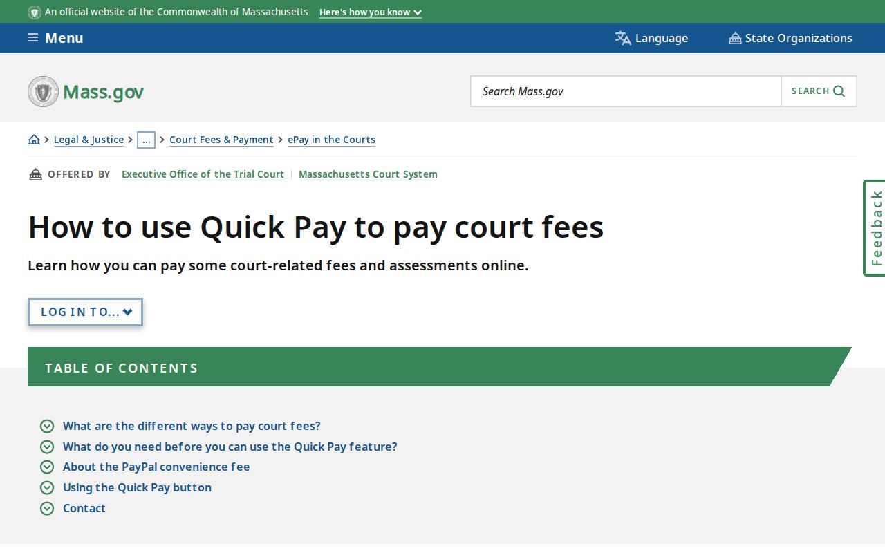 Massachusetts Quick Pay court fee page that warns a payment does not clear a Hampden County warrant