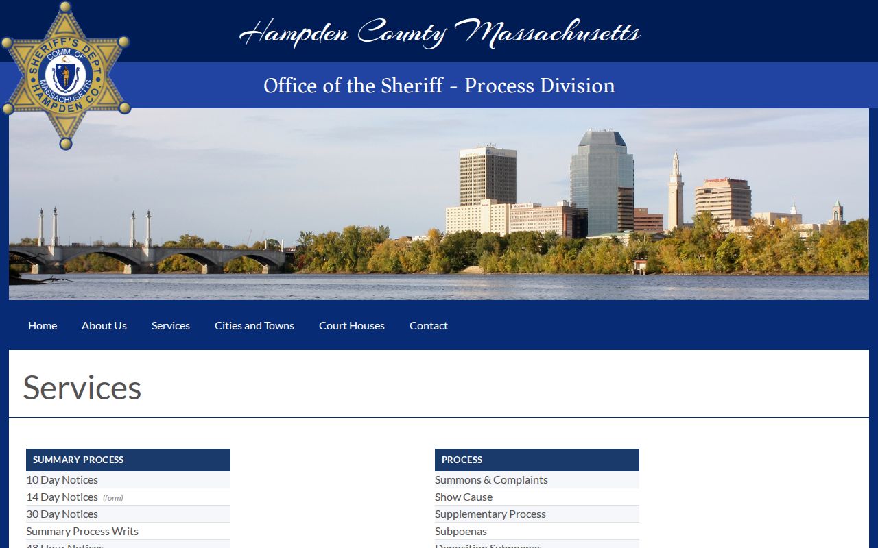Capias arrest service menu page from the Hampden County Sheriff process division