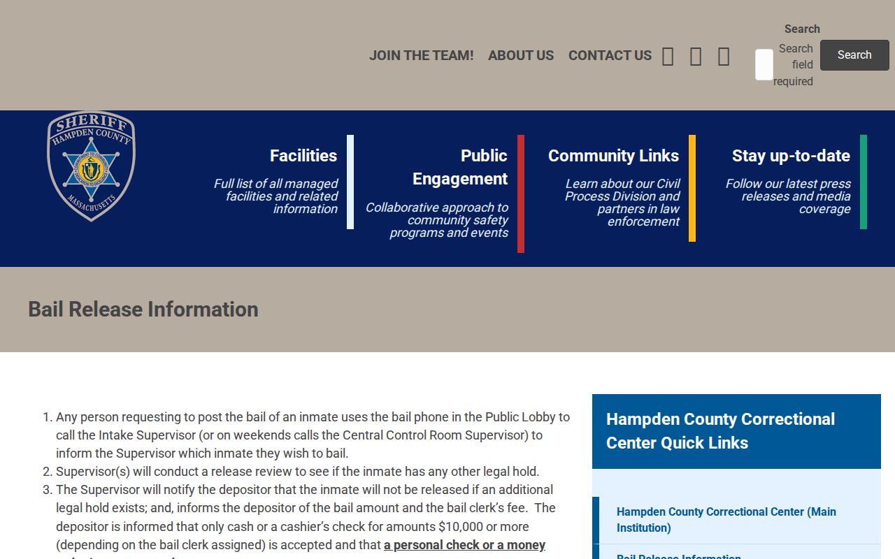 Hampden County jail bail release instructions that apply after an arrest on a Hampden County warrant