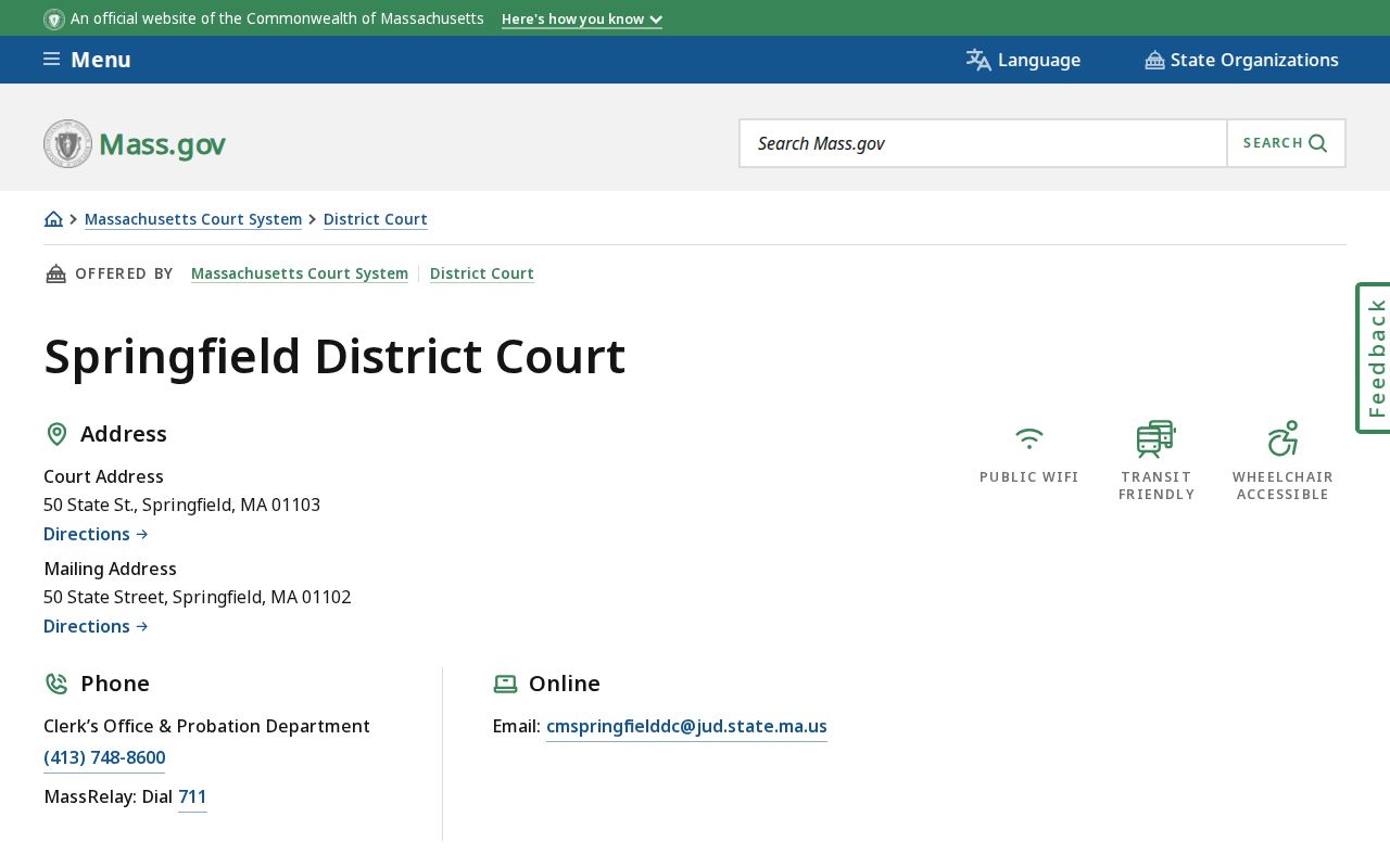Springfield District Court building where Hampden County active warrant cases are docketed