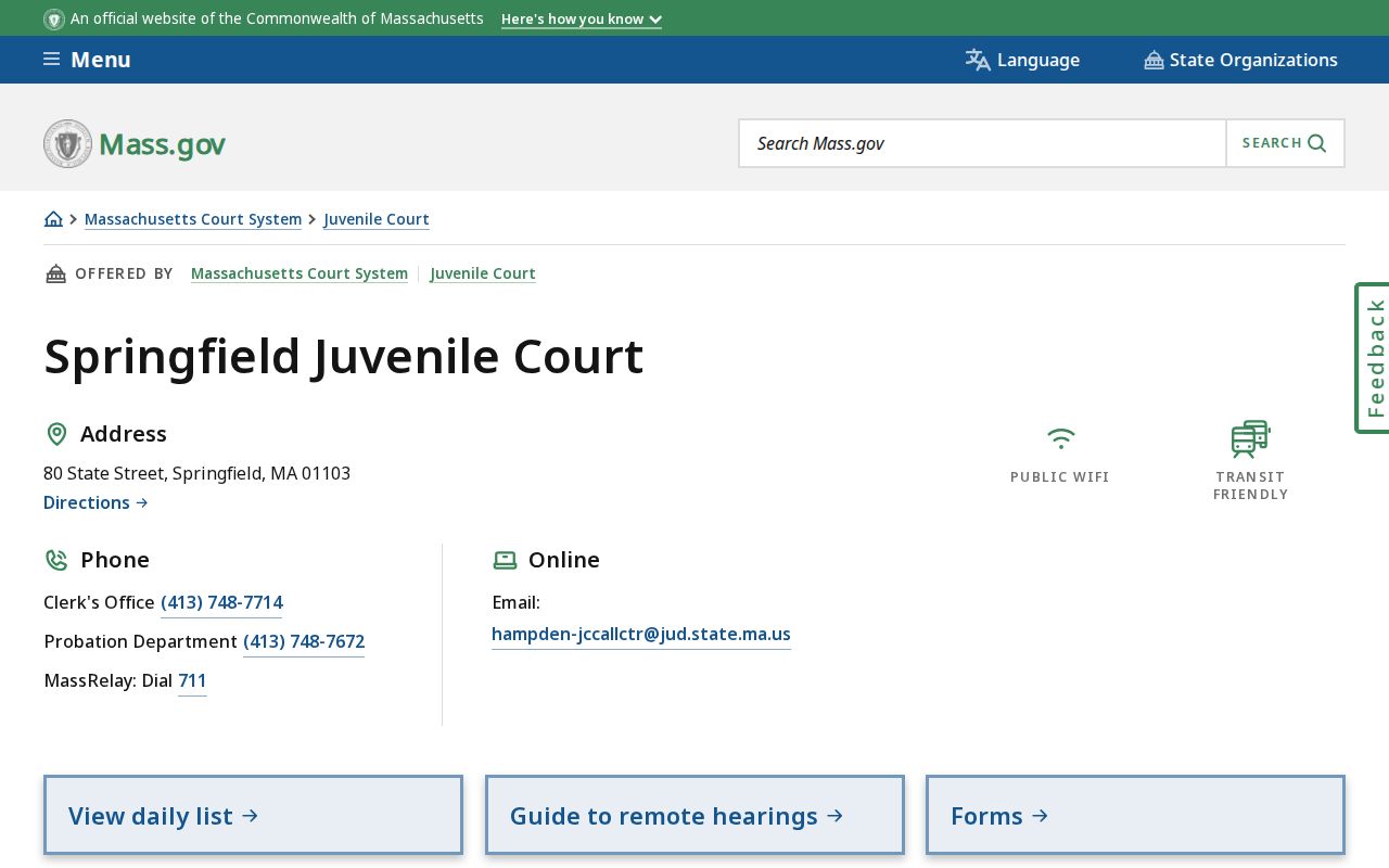 Springfield Juvenile Court where Hampden County juvenile warrant matters are heard