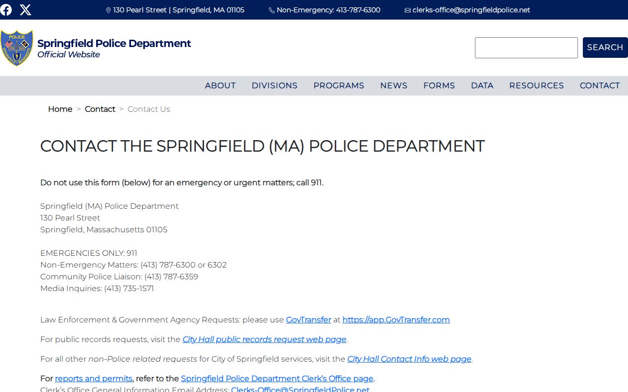 Springfield police contact and records page used when checking Springfield warrant records