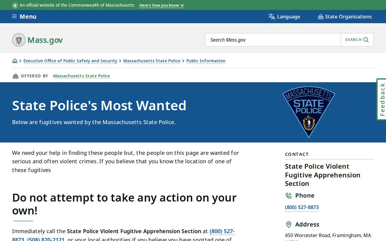 State Police most wanted program page described for Hampden County fugitive cases