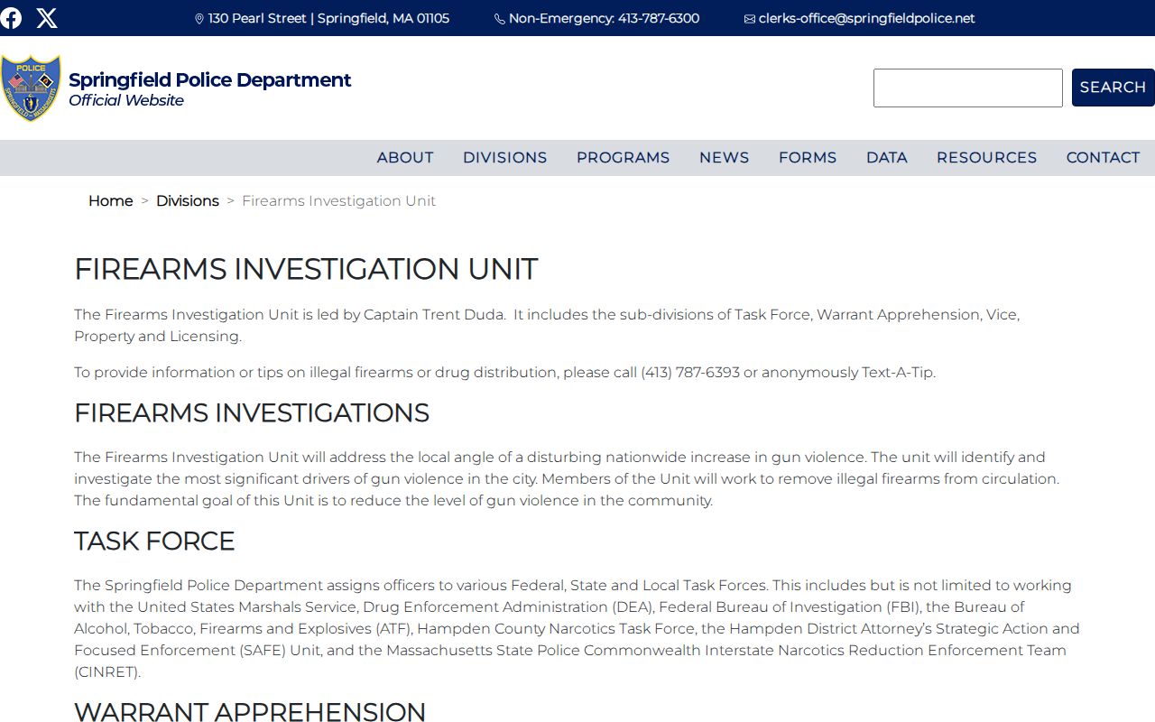Springfield Police warrant apprehension unit page used for Hampden County arrest warrant context
