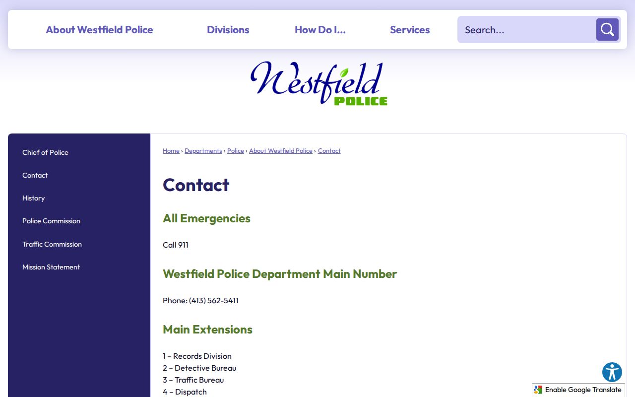 Westfield police contact and extension list used when checking Westfield warrant records