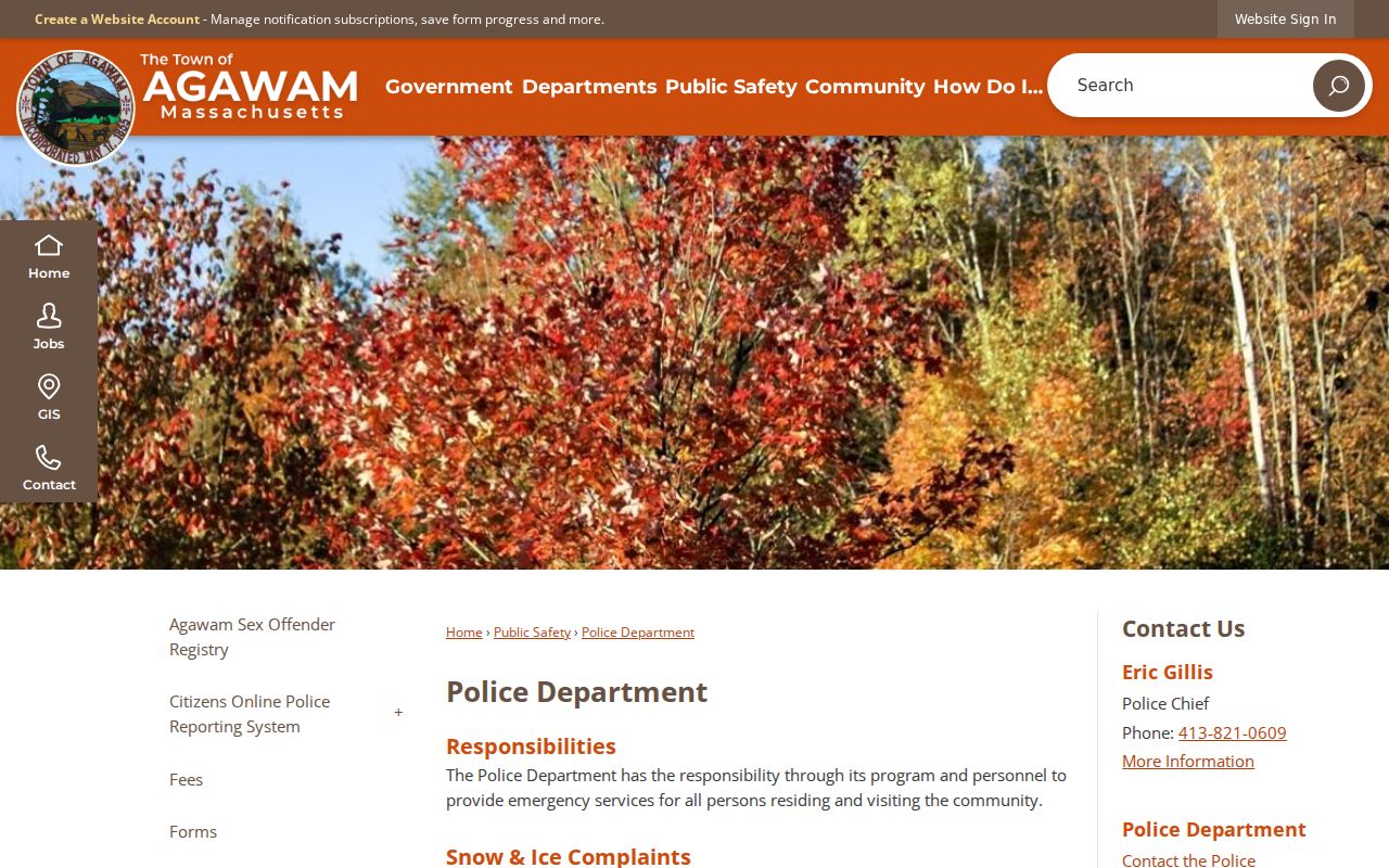 Agawam police department page used for routing Agawam warrant records questions