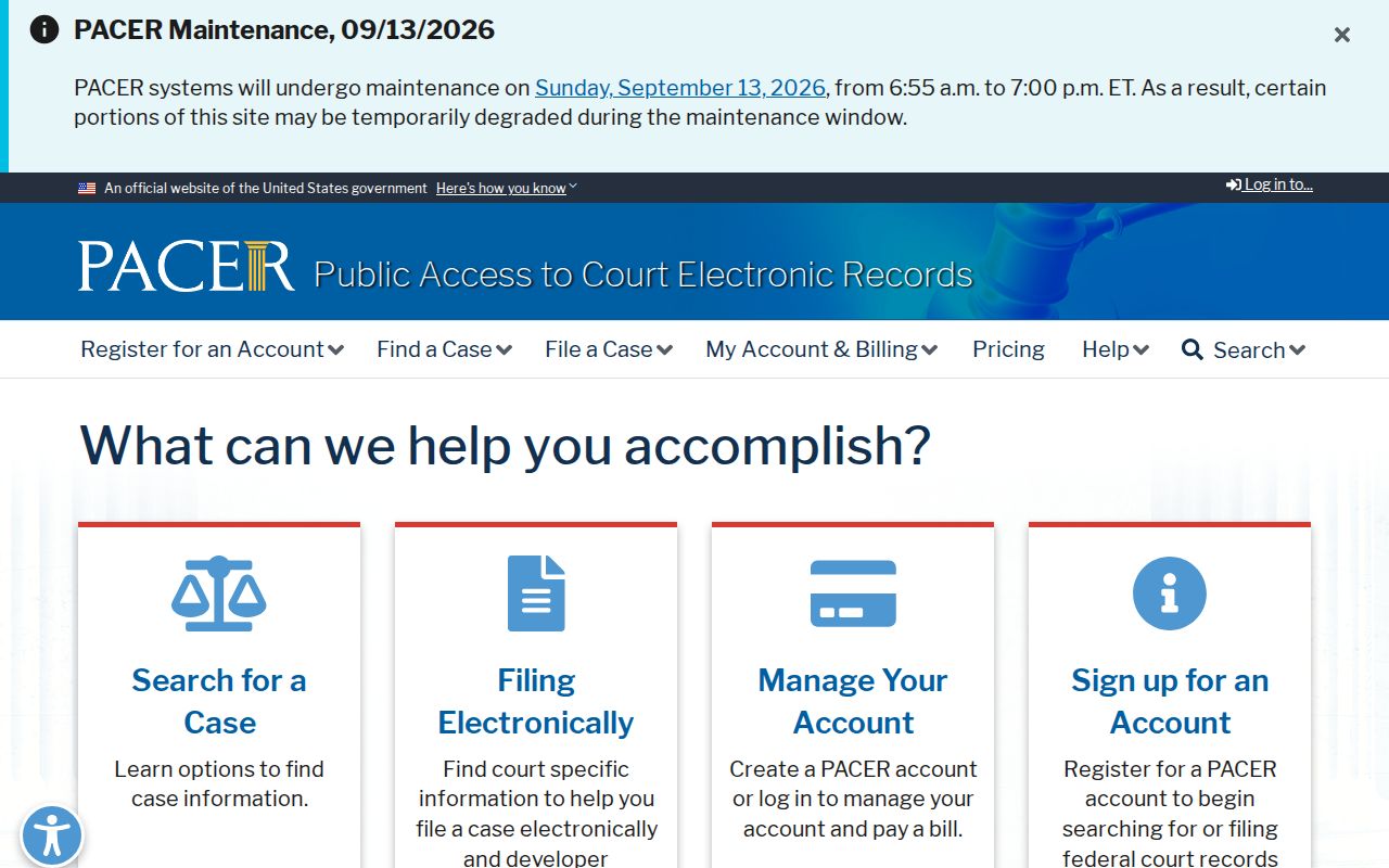PACER federal case search account screen used for federal warrants in Hampden County