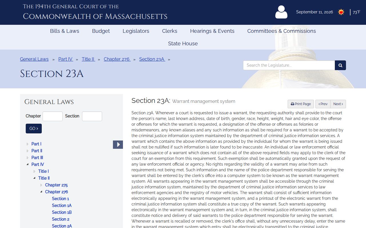 Massachusetts warrant management system statute that governs Hampden County warrant records