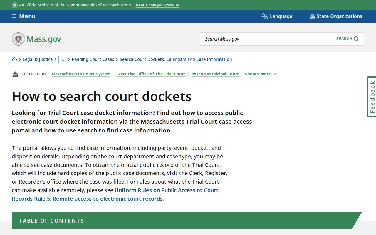 Official Massachusetts court docket search instructions used for Hampden County warrant lookup